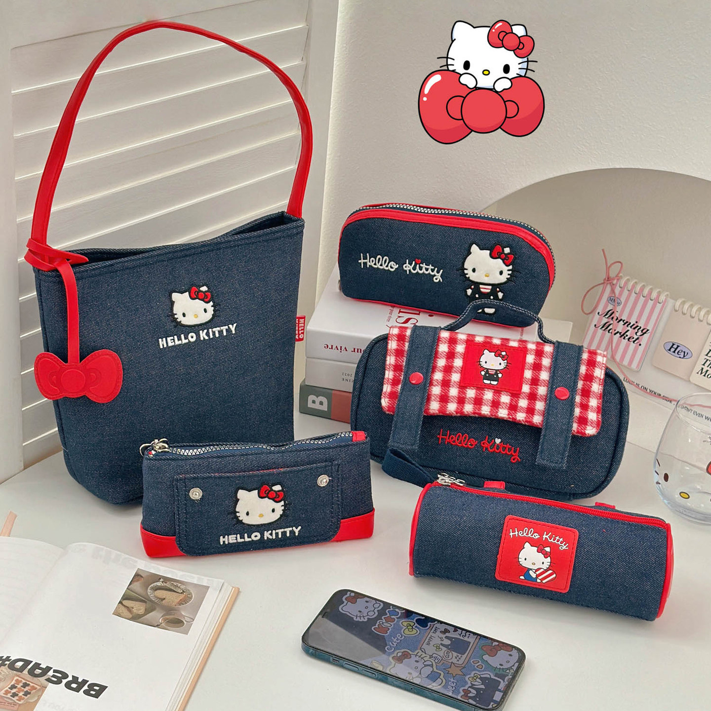 三丽鸥正版授权牛仔手提包女可爱卡通刺绣小包撞色单肩包百搭收纳