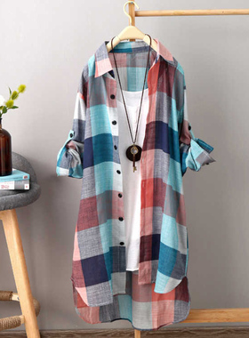 加大码中长款衬衫女2021新品胖MM英伦风宽松格子外套Plaid shirt