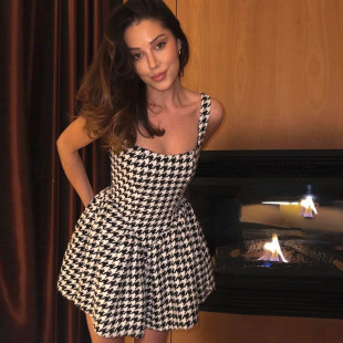2024women clothes 欧美风气质千鸟格修身连衣裙辣妹款性感一字肩