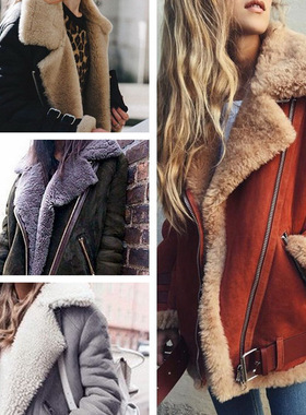 Motorcycl fur jacket Women's lapel cotton jacket overcoat