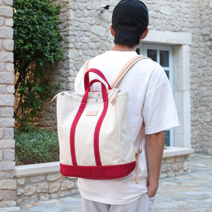 休闲包 手工复古撞色大容量手提背包 红色 帆布遇上皮革
