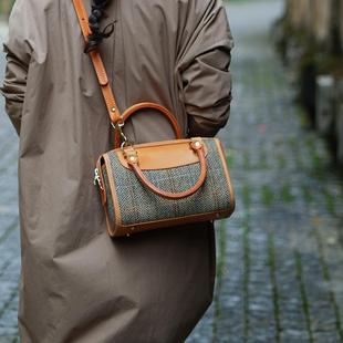 波士顿女包 Tweed Harris 手提肩背包秋冬女士包包 羊毛拼皮