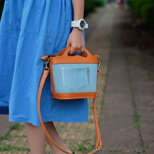 清凉夏日包包女士包包蓝色 水洗牛仔布菜篮子 牛仔拼皮