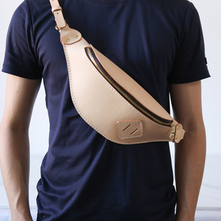 手缝植鞣牛皮真皮胸包单肩斜挎立体腰包 极简胸包 切線派