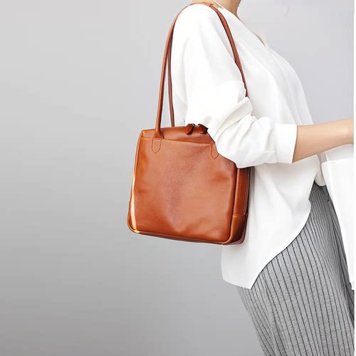 软皮 托特包日式手工小方包黑色 休闲女包多功能手提包手挽包大号