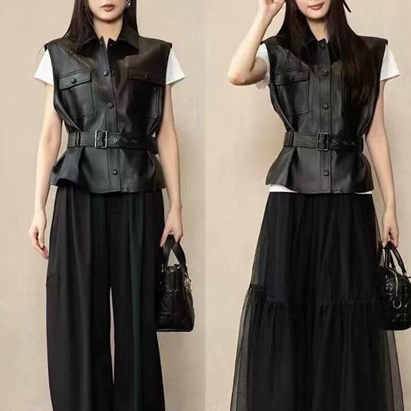2025春款减龄洋气短款翻领真皮马甲女绵羊皮坎肩背心显瘦皮衣收腰