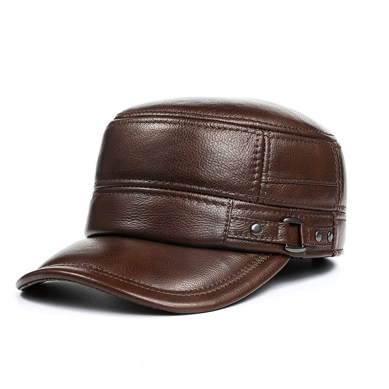 经典中老年户外真皮平顶帽男女秋冬款保暖头层牛皮鸭舌帽棕色帽子