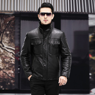 真皮白鹅绒羽绒服男立领加厚保暖机车防风皮衣头层牛皮修身外套冬