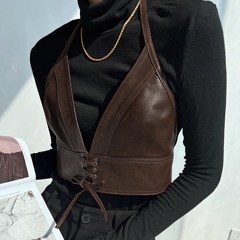 抹胸叠穿风吊带真皮小背心