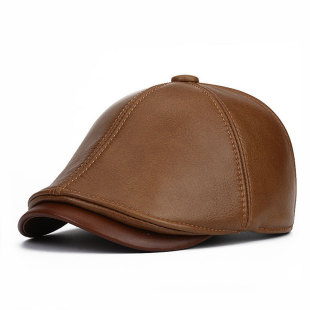 潮男中老年头层牛皮前进帽户外短檐真皮鸭舌帽子皮质报童单帽棕色