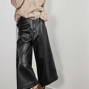 2025新款真皮皮裤女高腰显瘦直筒阔腿裤绵羊皮宽松休闲七分裤白色