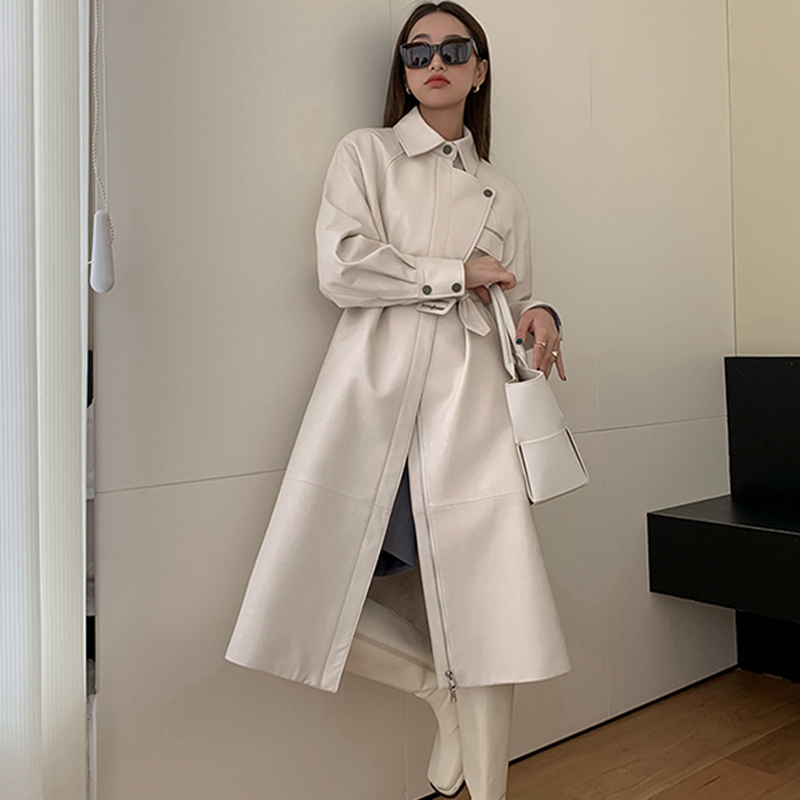 奶白色显瘦真皮风衣阔版绵羊皮衣