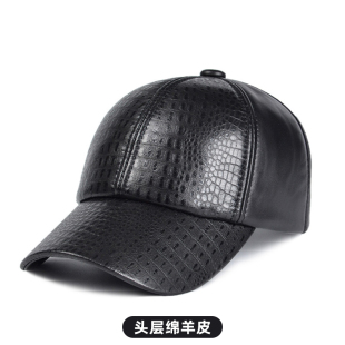 户外遮阳帽子绵羊皮鳄鱼纹大檐棒球帽 真皮鸭舌帽可调节男士 四季 款