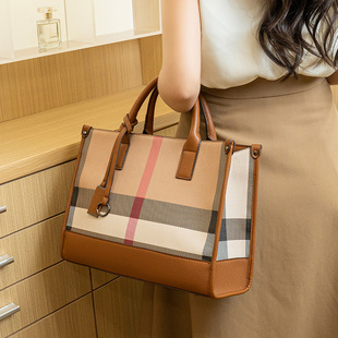 真皮包包2024新款时尚格纹大容量单肩包高级感手提包女托特大包潮