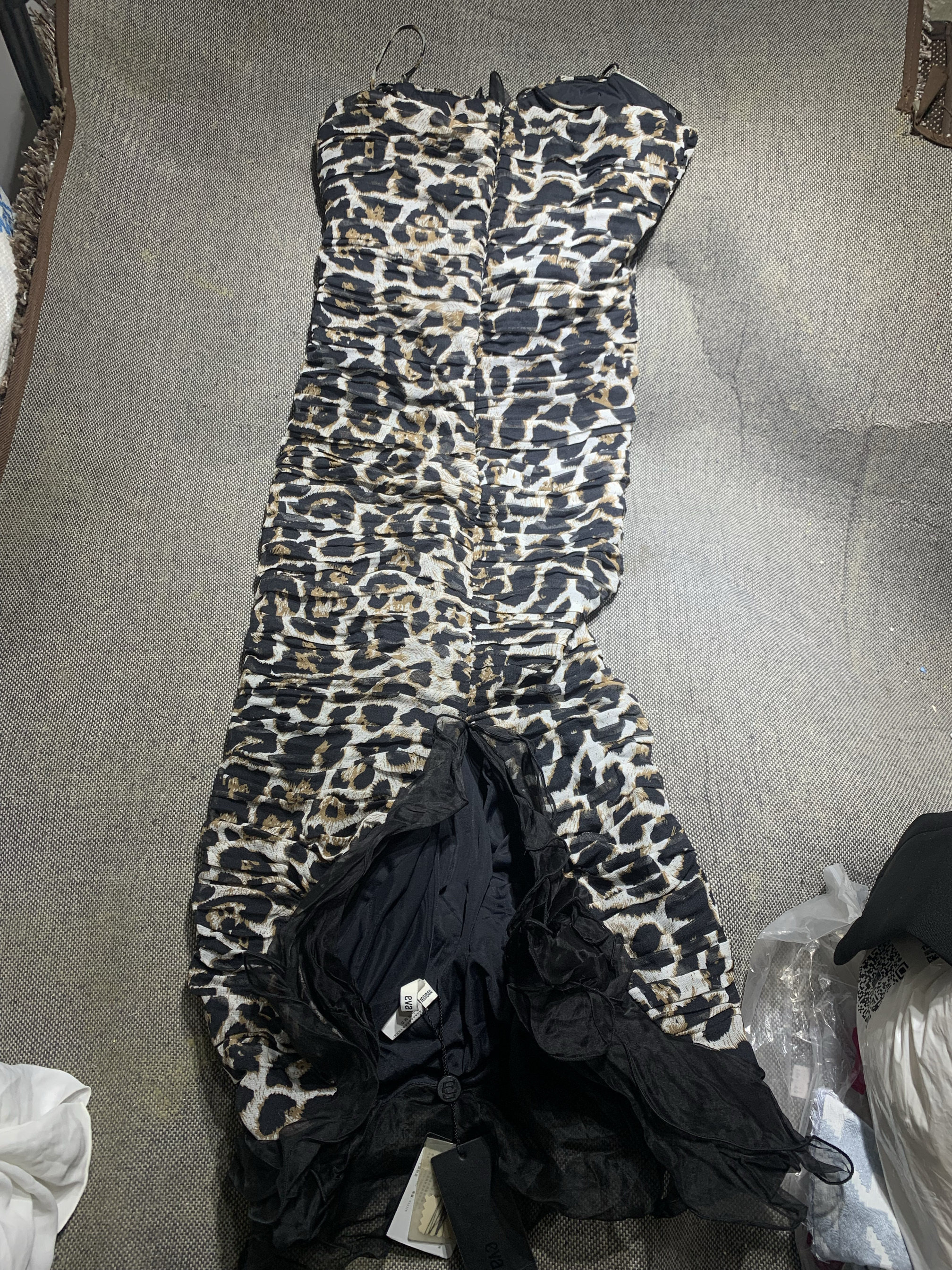 EvaOuxiu伊华欧秀专柜弹力缎蕾丝性感豹纹吊带连衣裙礼服裙c23