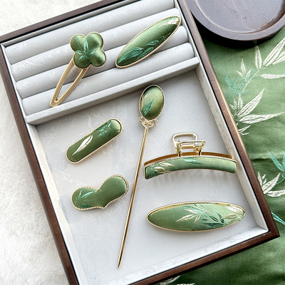 青翠欲滴宋锦饰品手工新中式古风汉服配饰盘发发簪弹簧夹抓夹胸针