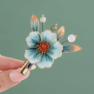 新中式非遗绒花侧边夹国风甜美手工后脑勺鸭嘴夹古风汉服气质头饰