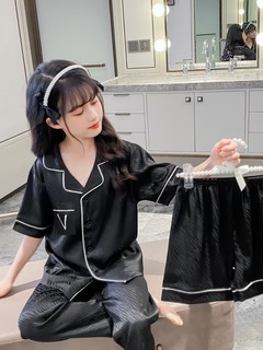 女童夏季短袖儿童睡衣冰雪丝小女孩薄款空调服翻领三件套装家居服