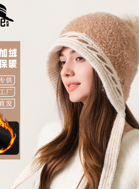跨境冬天新款针织帽女士加厚加绒三毛球毛线帽百搭休闲护耳保暖帽