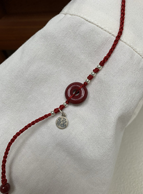 高含量紫金砂平安扣手链女红绳手工编织福牌纯银情侣朱砂手链