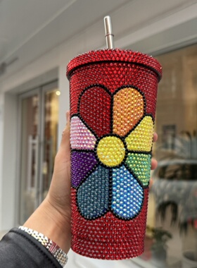 红色太阳花吸管杯子手工贴钻水杯304不锈钢吸管杯咖啡杯太空杯