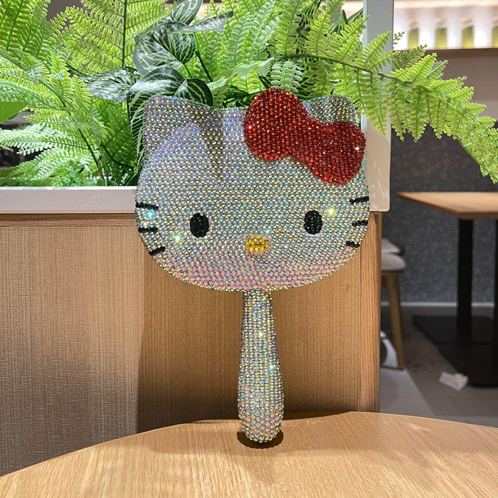 手工制作镶钻便携镜卡通猫可爱猫化妆镜镜子女款时尚KT猫手柄镜