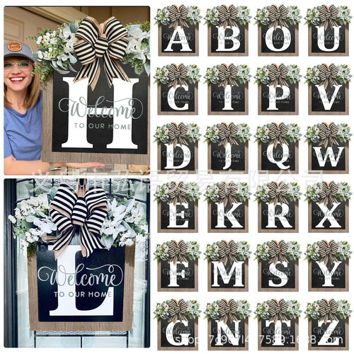 Last Name Year Round Front Door Wreath26字母蝴蝶门牌装饰