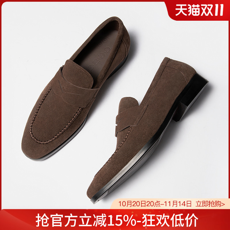 秋季商务休闲皮鞋男士真皮磨砂男鞋反绒套脚翻毛英伦尖头鞋子潮流