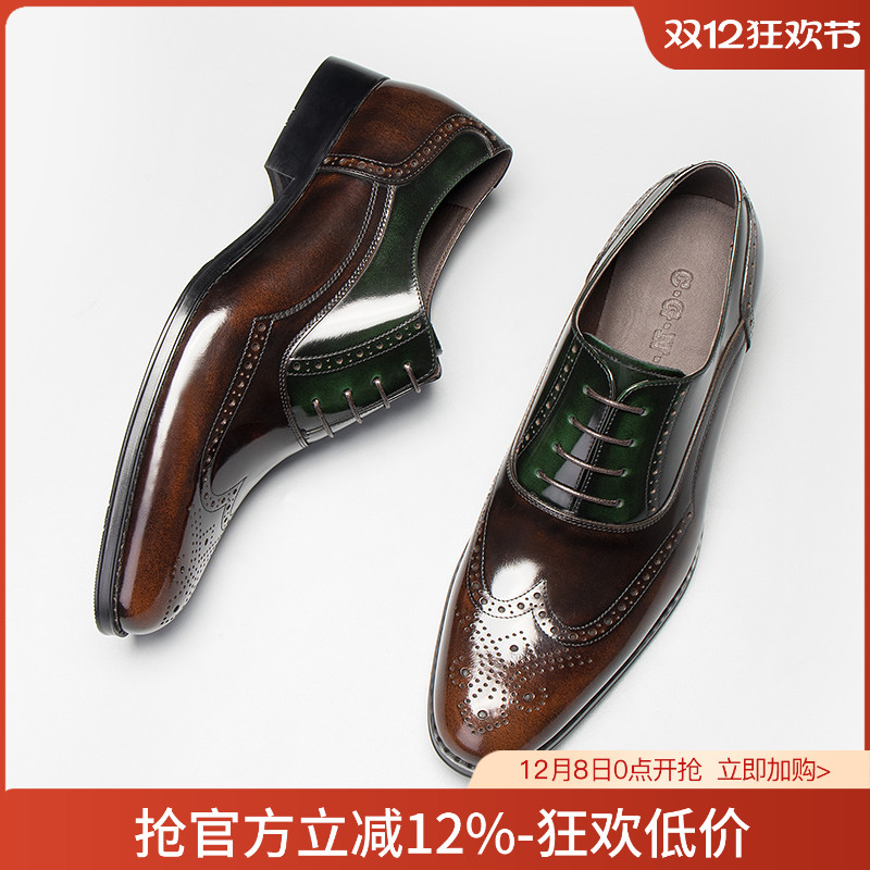 复古擦色漆皮亮面德比正装鞋