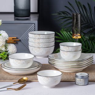 陶瓷碗家用吃饭碗碟盘子菜盘10个装加厚防烫面碗大号骨瓷餐具套装