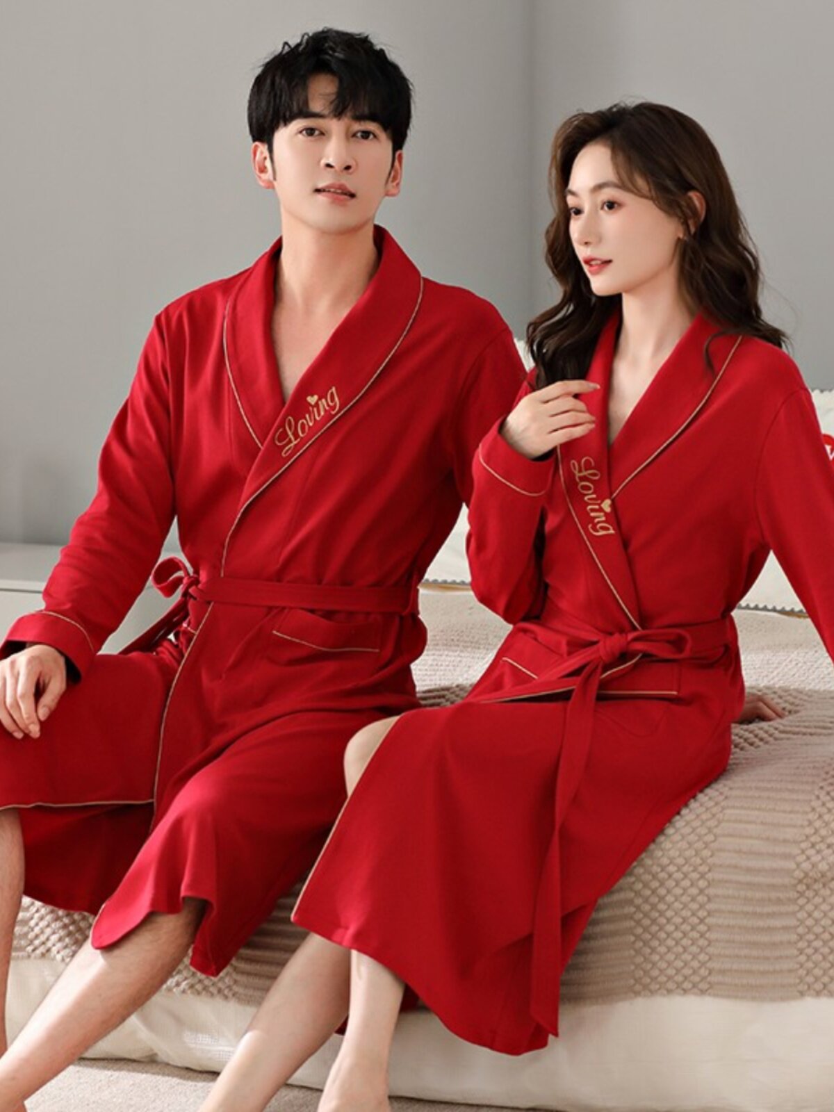 RED PAJAMAS WOMENS SPRING AND AUTUMN COTTON LONG-SLEEVED COUPLES WEDDING DRESSING GOWNS MENS AND WOMENS YUKATA BATHROBES CAN BE WORN OUTSIDE HOME CLOTHES