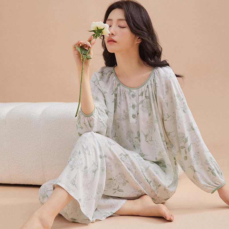 睡衣女夏纯棉绵绸空调服春秋薄款长袖休闲女装韩版时尚家居服套装