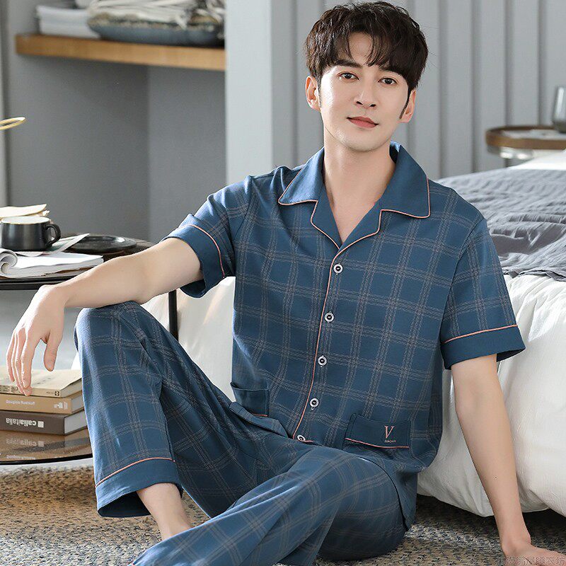 睡衣男春夏季纯棉短袖长裤格子时尚中年男装薄款可外穿家居服套装