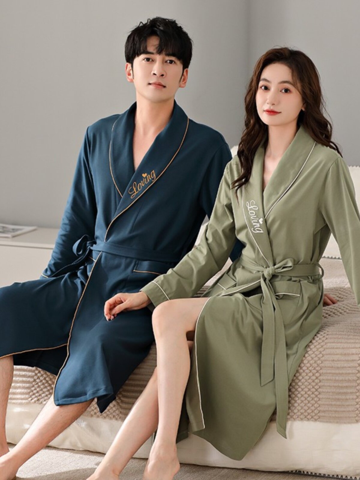 RED PAJAMAS WOMENS SPRING AND AUTUMN COTTON LONG-SLEEVED COUPLES WEDDING DRESSING GOWNS MENS AND WOMENS YUKATA BATHROBES CAN BE WORN OUTSIDE HOME CLOTHES