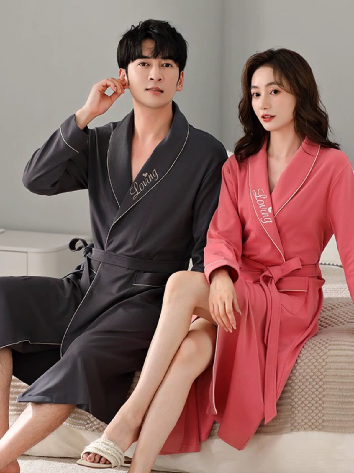 RED PAJAMAS WOMENS SPRING AND AUTUMN COTTON LONG-SLEEVED COUPLES WEDDING DRESSING GOWNS MENS AND WOMENS YUKATA BATHROBES CAN BE WORN OUTSIDE HOME CLOTHES