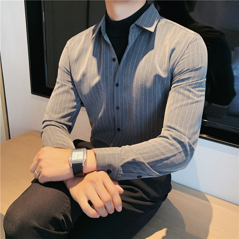 新款高端条纹衬衫领假两件毛衣男士商务休闲痞帅外套修身潮0917z