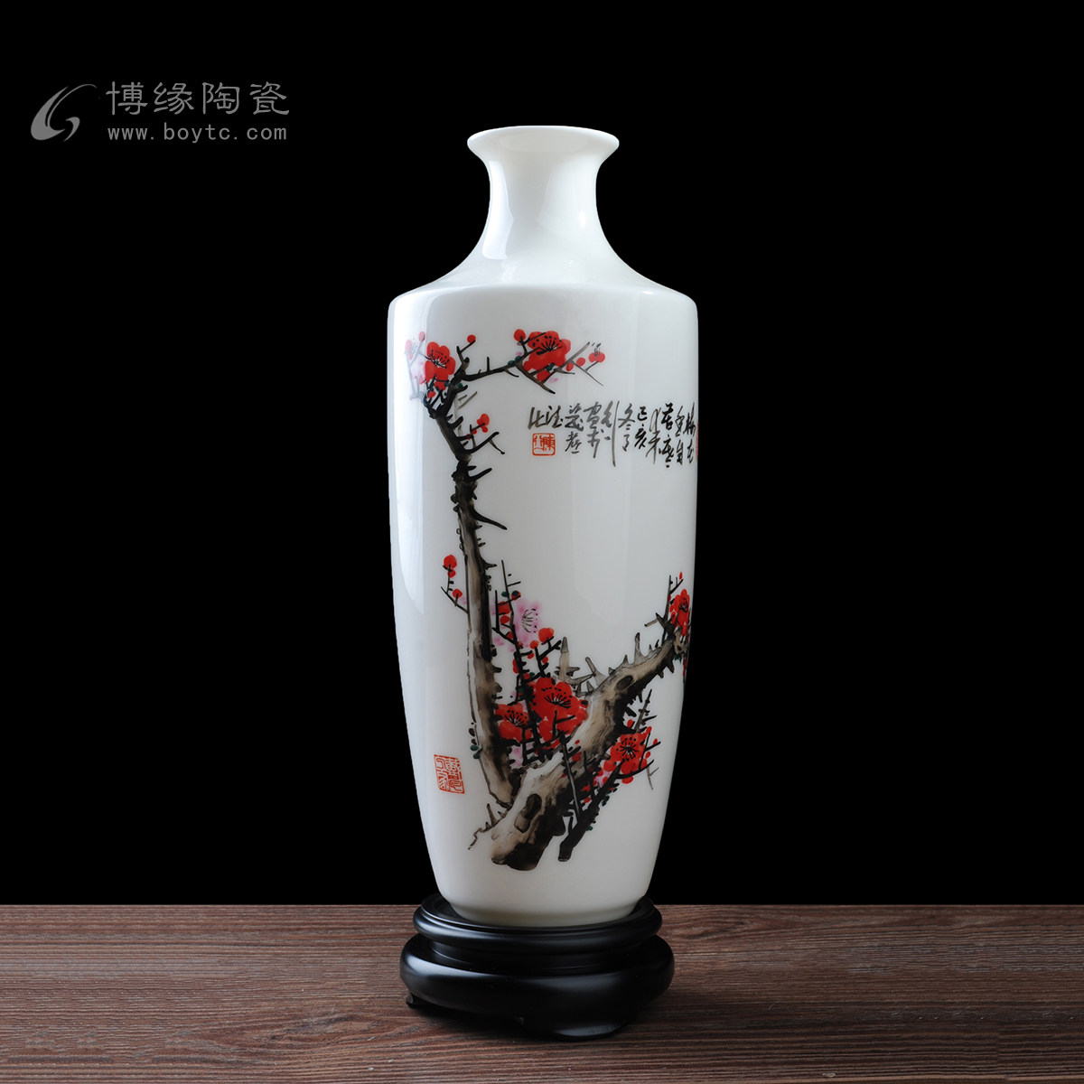 手绘梅花陶瓷花瓶德化白瓷陈行一名家客厅书房办公室花瓶装饰摆件