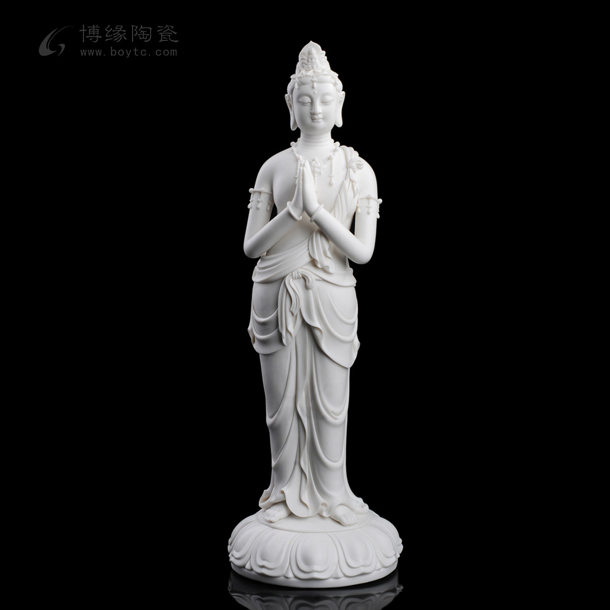 德化陶瓷白瓷合掌敦煌风格立莲站式观音供奉家居会所禅意佛像摆件