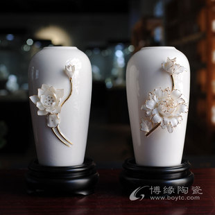 手工花瓶牡丹荷花陶瓷描金德化白瓷花瓶桌面古典风装饰工艺品摆件
