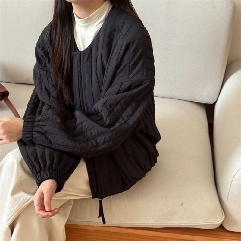 5569韩版薄款夹棉外套秋冬新款女装宽松休闲显瘦竖条纹夹克上衣