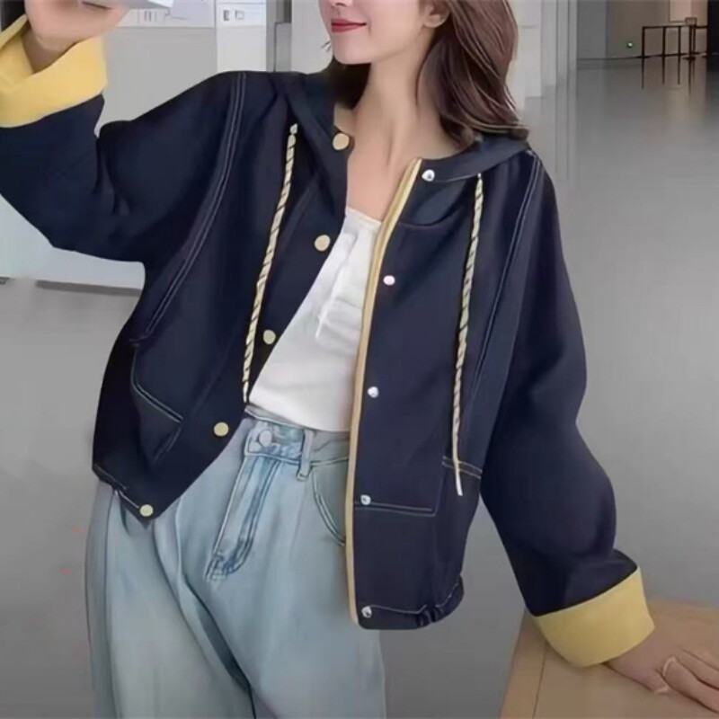 6209连帽撞色休闲外套春秋女装新款韩版时尚宽松蝙蝠型上衣