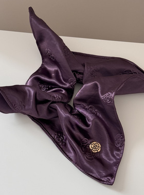 法式玫瑰提花方巾发圈新款缎面高级感紫色大肠圈外出百搭发饰