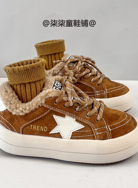 真皮棕色保暖运动鞋儿童2025秋冬季新款女童保暖大棉鞋男童阿甘鞋