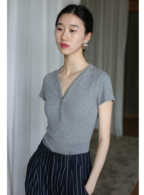 无有无印深灰色棉质弹力短袖v领修身T恤25056