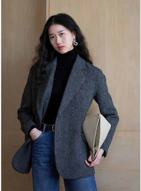 无有无印时髦质感大气毛呢休闲上衣羊毛人字纹加厚西装外套24203