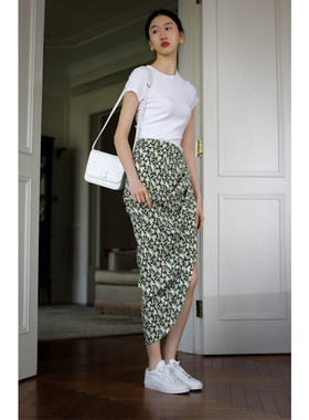 无有无印凉爽舒适醋酸印花不规则高腰褶皱显瘦半身裙22086