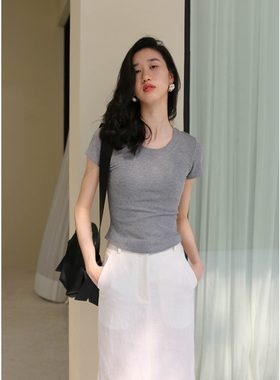 无有无印灰色棉质加厚短袖紧身百搭圆领T恤24182