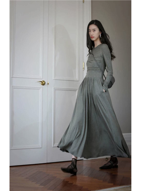 无有无印舒适亲肤柔软收腰显瘦大摆长款长袖连衣裙25146