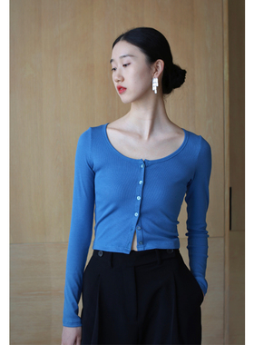 无有无印蓝色大U领长袖棉质百搭时髦针织T22117