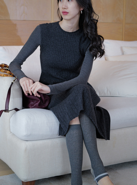 无有无印深灰色羊毛坑条圆领弹力无袖长款打底针织连衣裙M25161